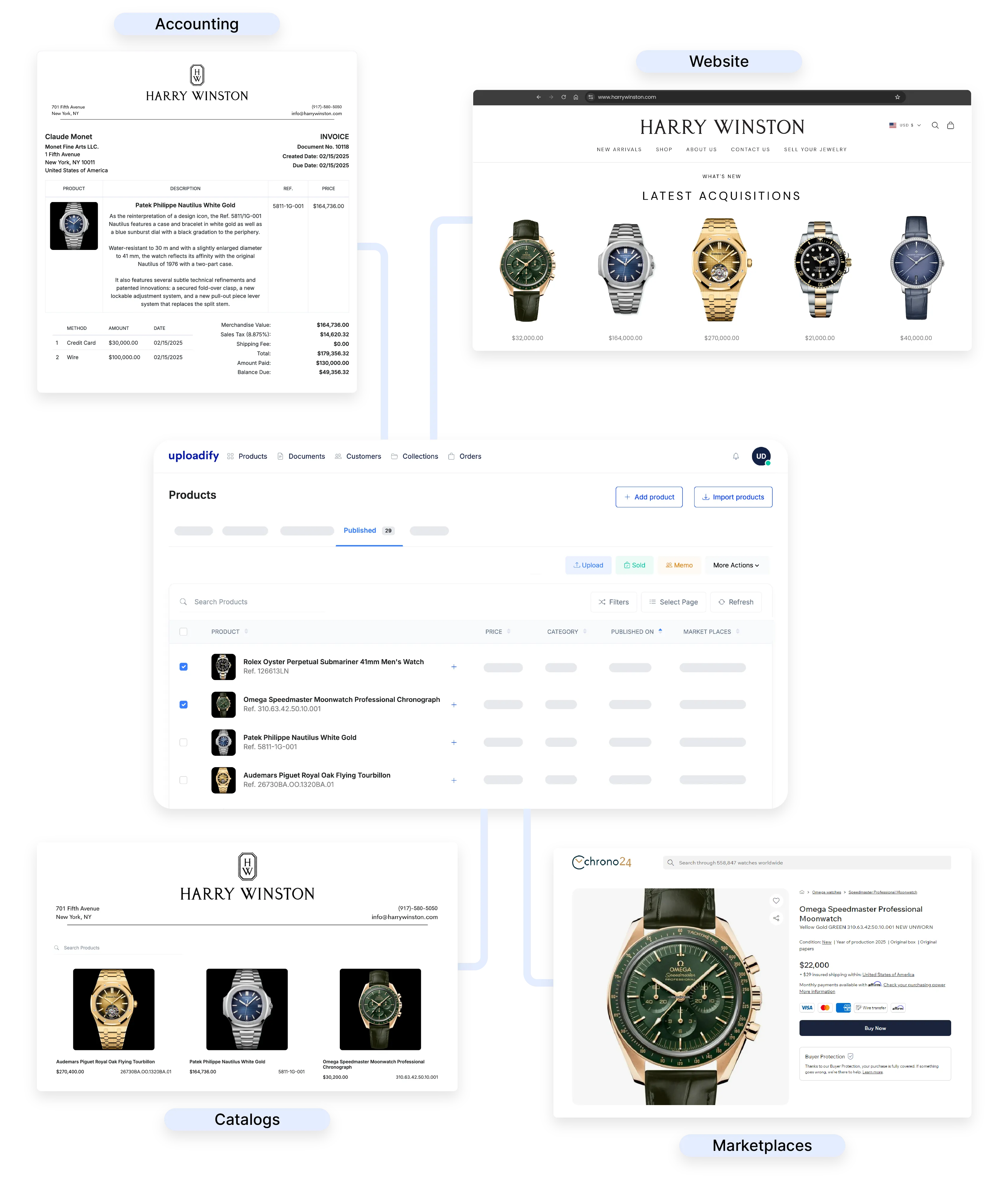 Screenshots of Uploadify — an all-in-one platform for watch sellers showing inventory management, invoice creation, website integration, private catalogs, and marketplace uploading to Chrono24