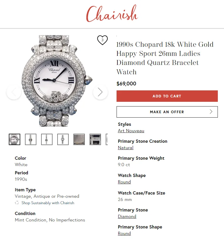 A Chopard Happy Sport Ladies Diamond Quartz watch listed on Chairish, showing product details, pricing, and specifications uploaded via Uploadify
