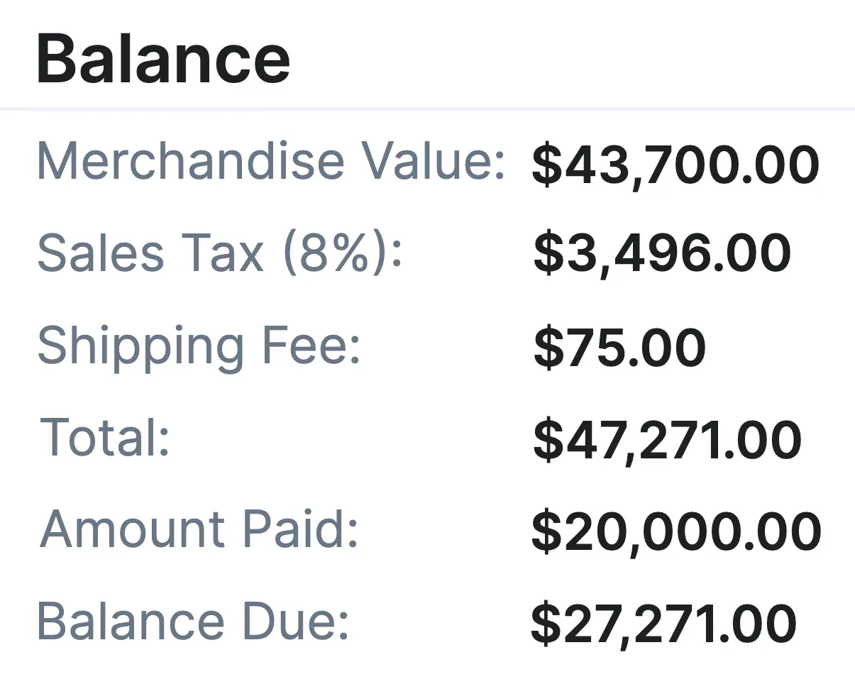 Balance card showing inventory value, sales tax, shipping fees, and totals