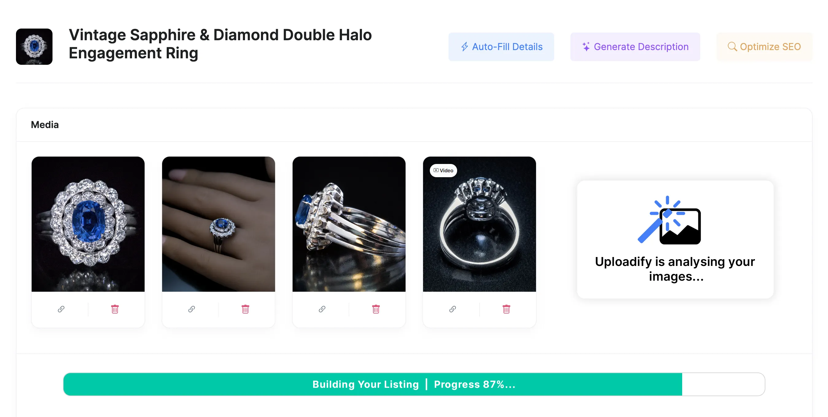 A screenshot of Uploadify automatically generating a product description and optimizing the listing for SEO.