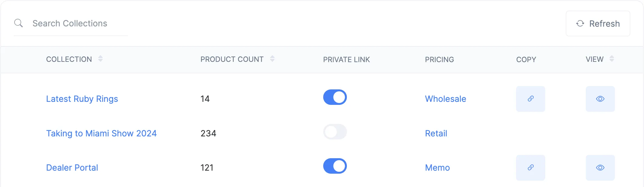 Collection management interface showing pricing and product organization