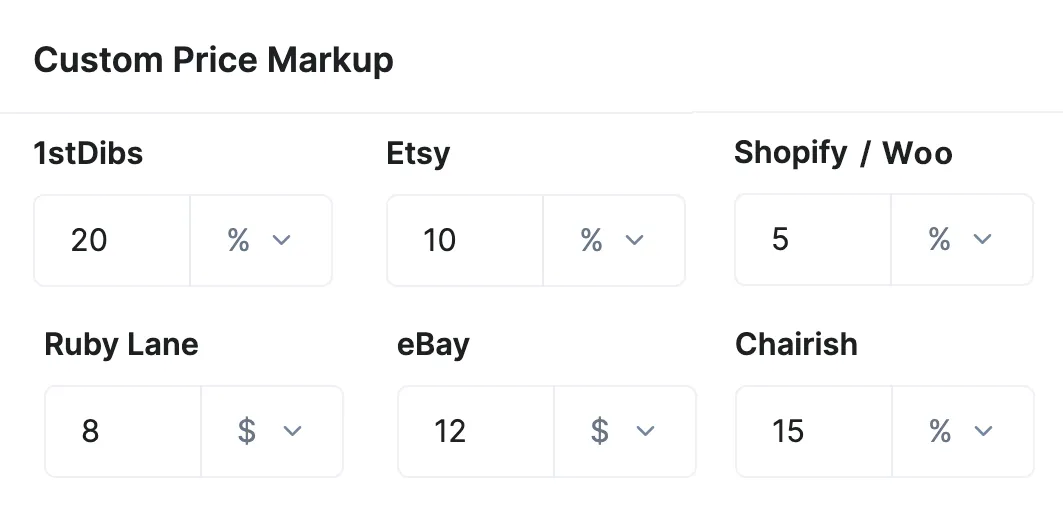 A screenshot of custom price markup settings, allowing the user to customize their markups for each marketplace.