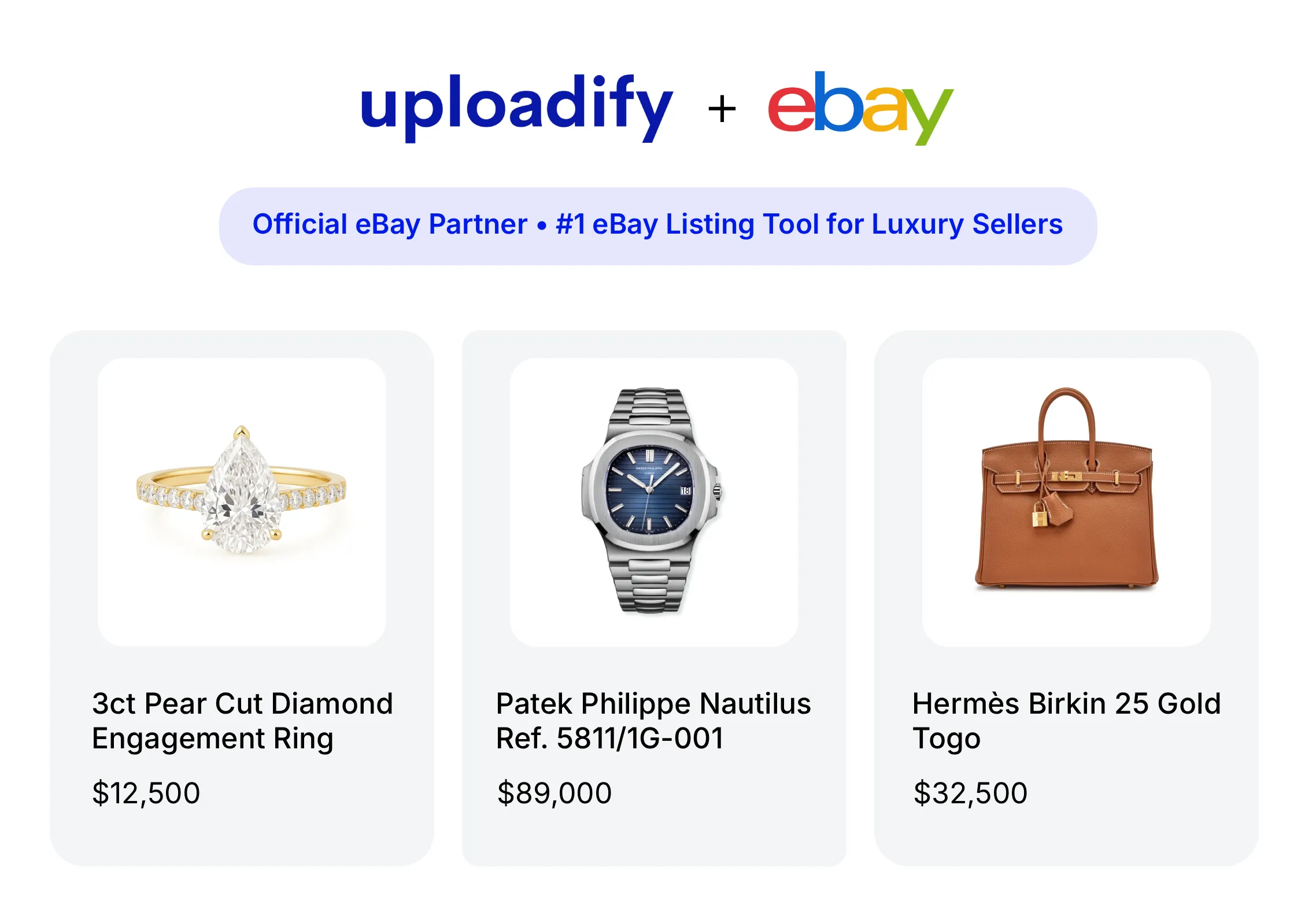 Uploadify and eBay integration showing luxury product listings for jewelry, watches, and handbags