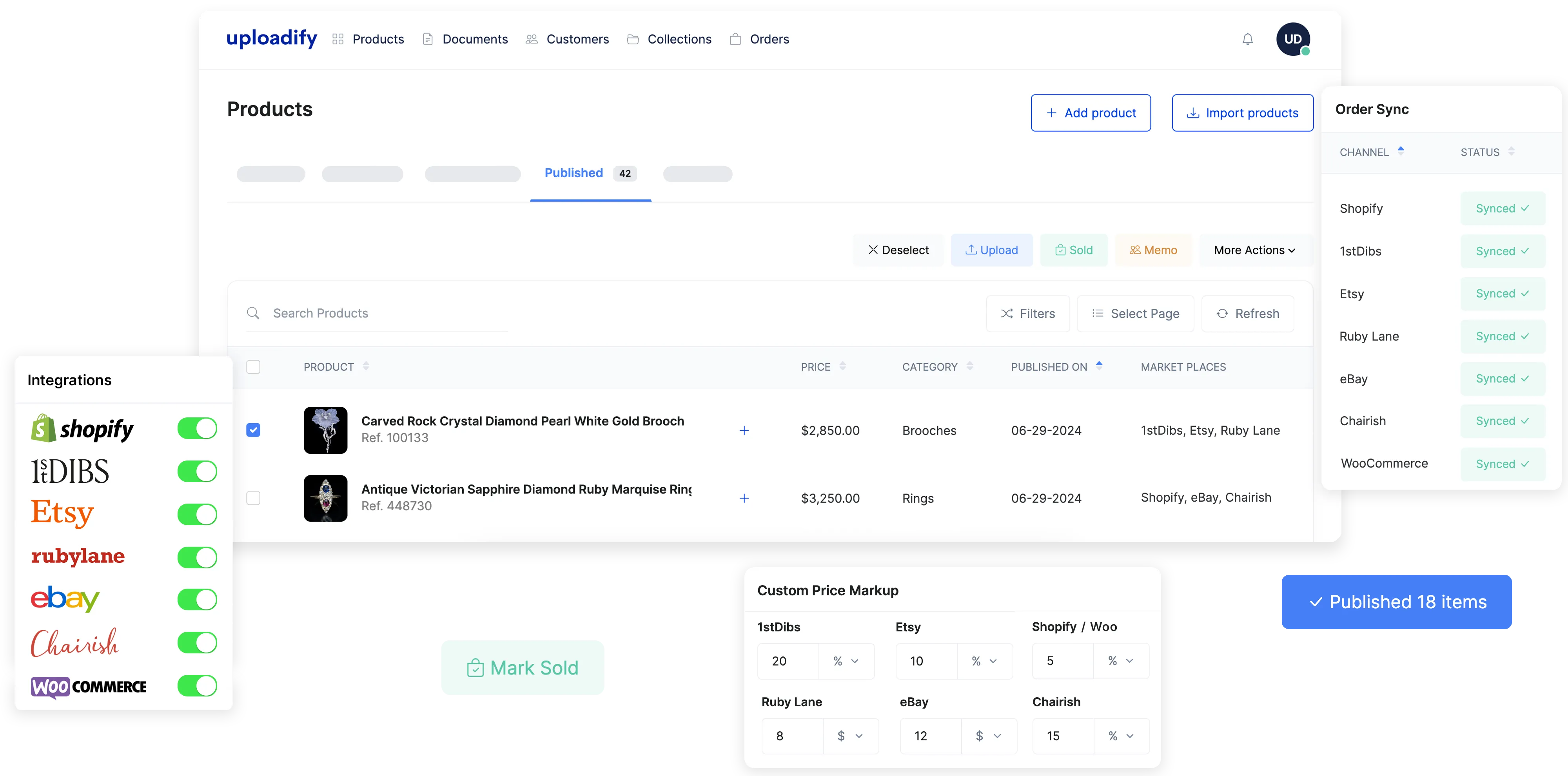 A screenshot of Uploadify - an eCommerce automation tool for jewelers. It has integrations with Shopify, 1stDibs, Etsy, Ruby Lane, eBay, Chairish, and WooCommerce.
