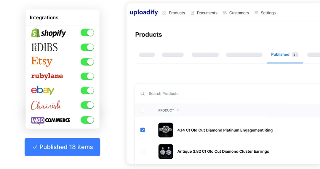 Uploadify eCommerce dashboard showing marketplace integrations and product upload interface