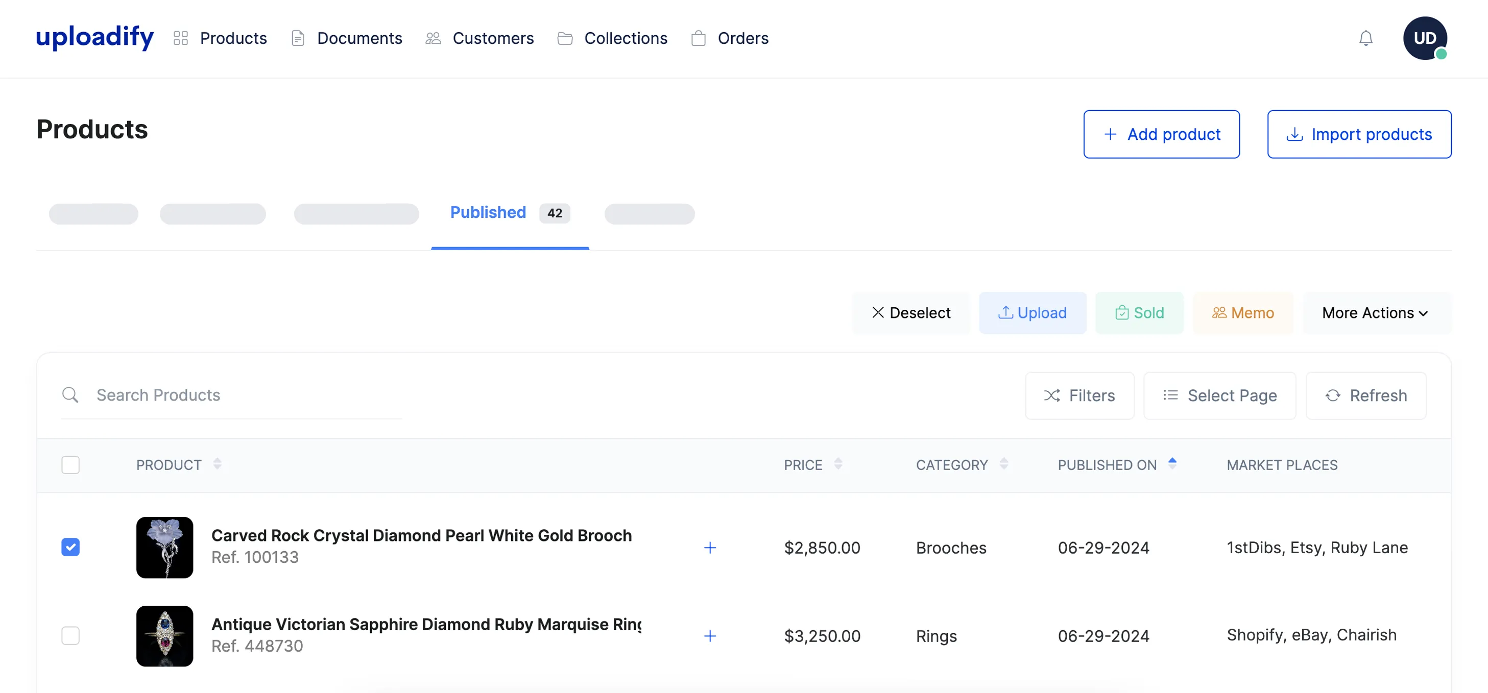 Uploadify published products tab