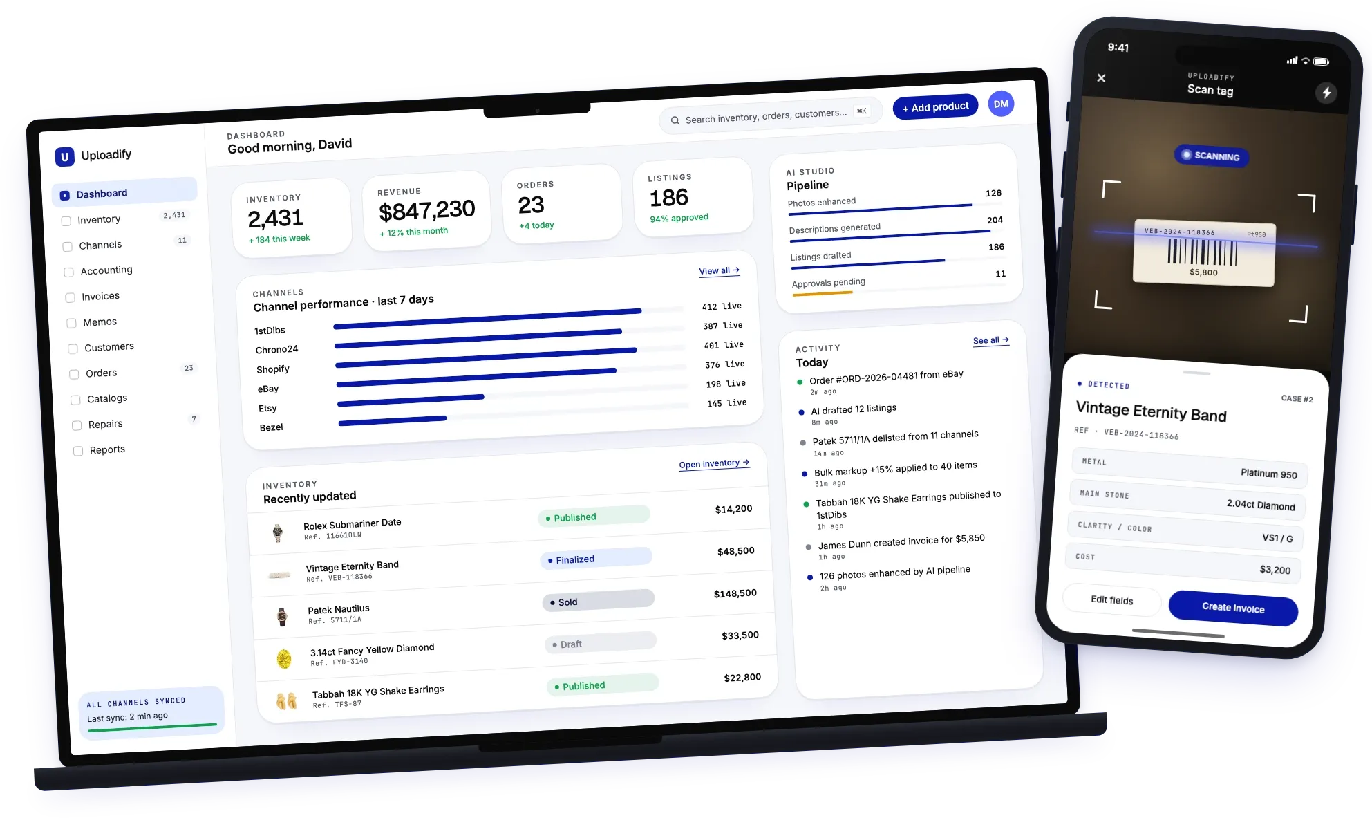 Uploadify dashboard on MacBook and barcode scanning on iPhone