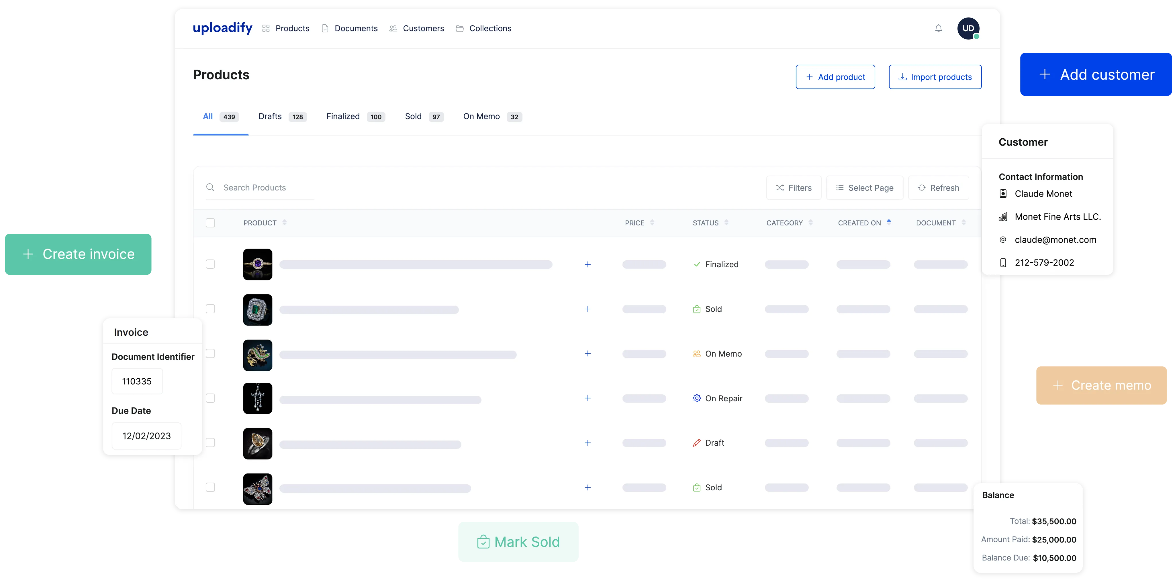 A screenshot of an inventory management software for jewelers. It has product information, invoicing, memos, and customer management.