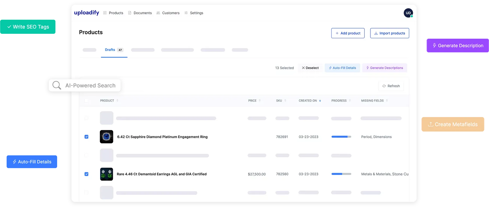 Uploadify AI dashboard showing auto-fill details, generate description, write SEO tags, and create metafields features for jewelry products