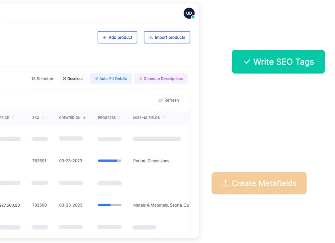 Uploadify AI tools for writing SEO tags and creating Shopify metafields for jewelry products