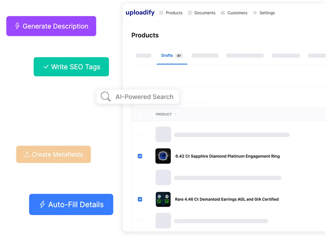 Uploadify AI dashboard showing product description generation and auto-fill details for jewelry inventory