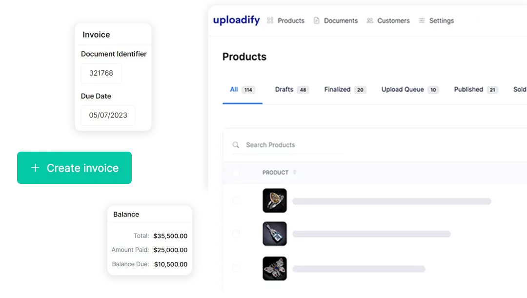 Uploadify products interface showing jewelry inventory with tabs, search, and product listings