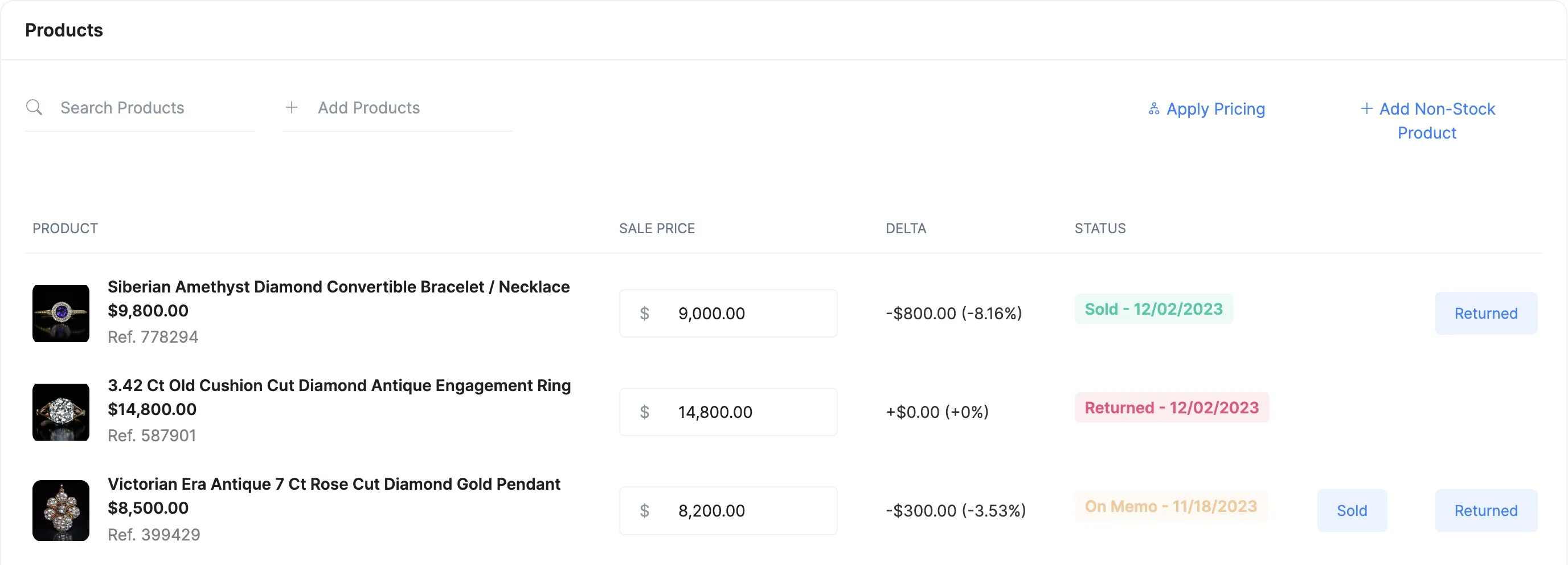 Invoice showing jewelry products with sale prices, deltas, and memo statuses