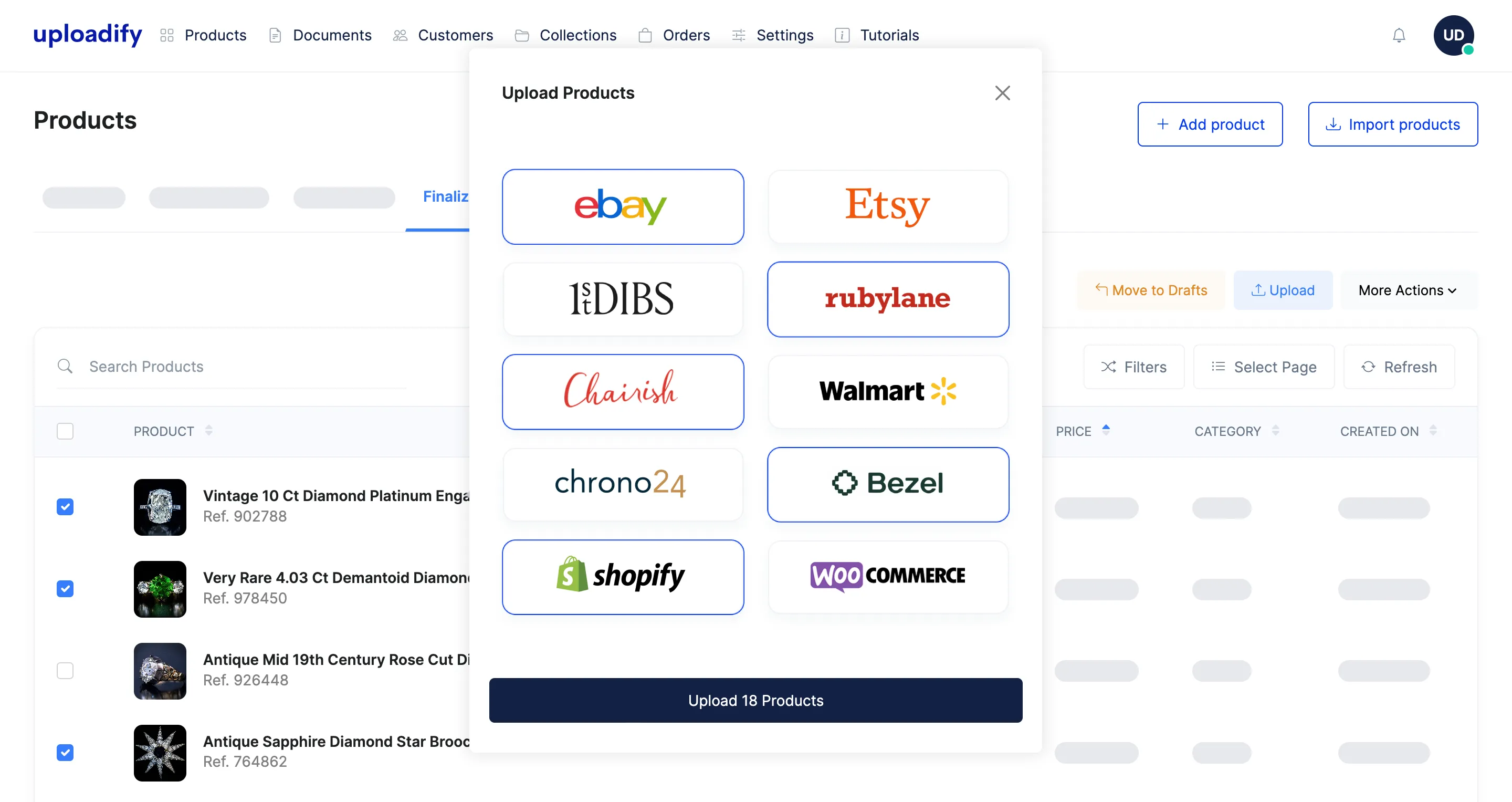 A screenshot of Uploadify. The user is choosing which marketplaces to upload their jewelry products to.