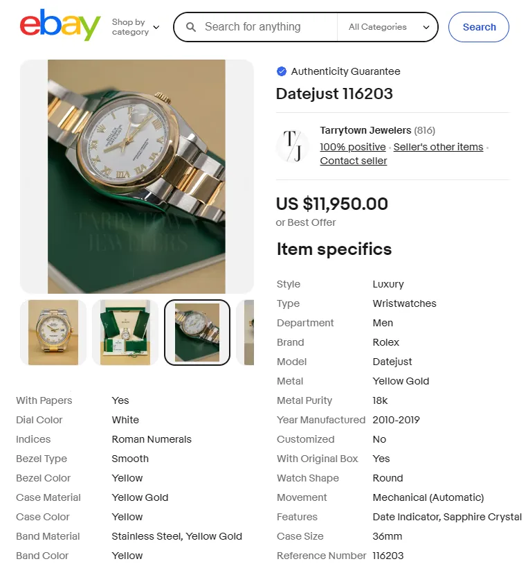 A Rolex Datejust 116203 listed on eBay by Tarrytown Jewelers, showing product photos, pricing, item specifics, and authenticity guarantee uploaded via Uploadify